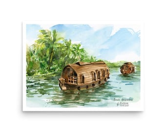 Indien Kunstdruck Kerala Backwaters Kunst Poster von original Aquarell Malerei von AnaMuStudio
