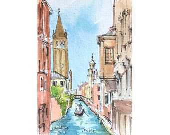 May include: Watercolor painting of a canal in Venice, Italy. The painting features a tall, narrow building with a bell tower, and a gondola in the water. The buildings are painted in shades of brown and yellow, and the water is a light blue.