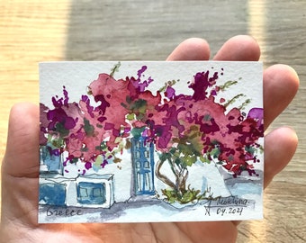 Santorini painting Greece watercolor Bougainvillea Miniature art ACEO original artwork by AnaMuStudio