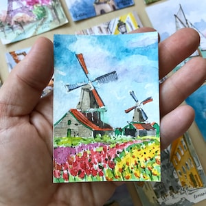 Hollandse kunst Nederlandse windmolens ACEO-schilderij Tulpenvelden Originele aquarel miniatuurkunstwerken van AnaMuStudio