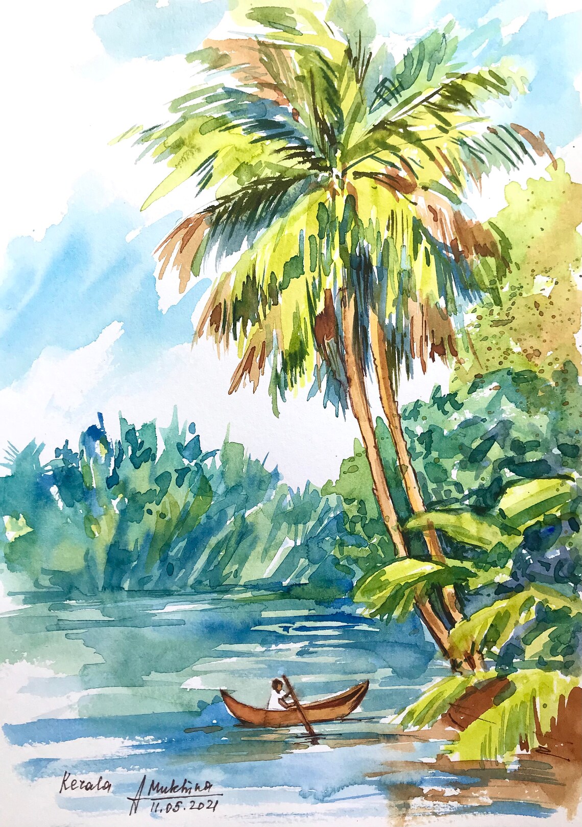 Kerala art original painting Palm tree watercolor Kerala Etsy
