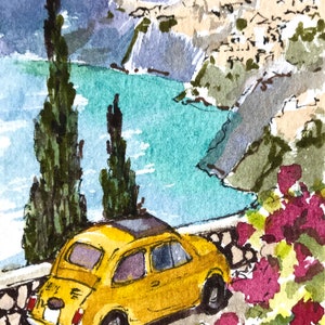 May include: A watercolor painting of a yellow Fiat car parked on a cliff overlooking a turquoise blue ocean. The car is surrounded by green trees and pink flowers. The painting is signed "Italy" in the bottom left corner.