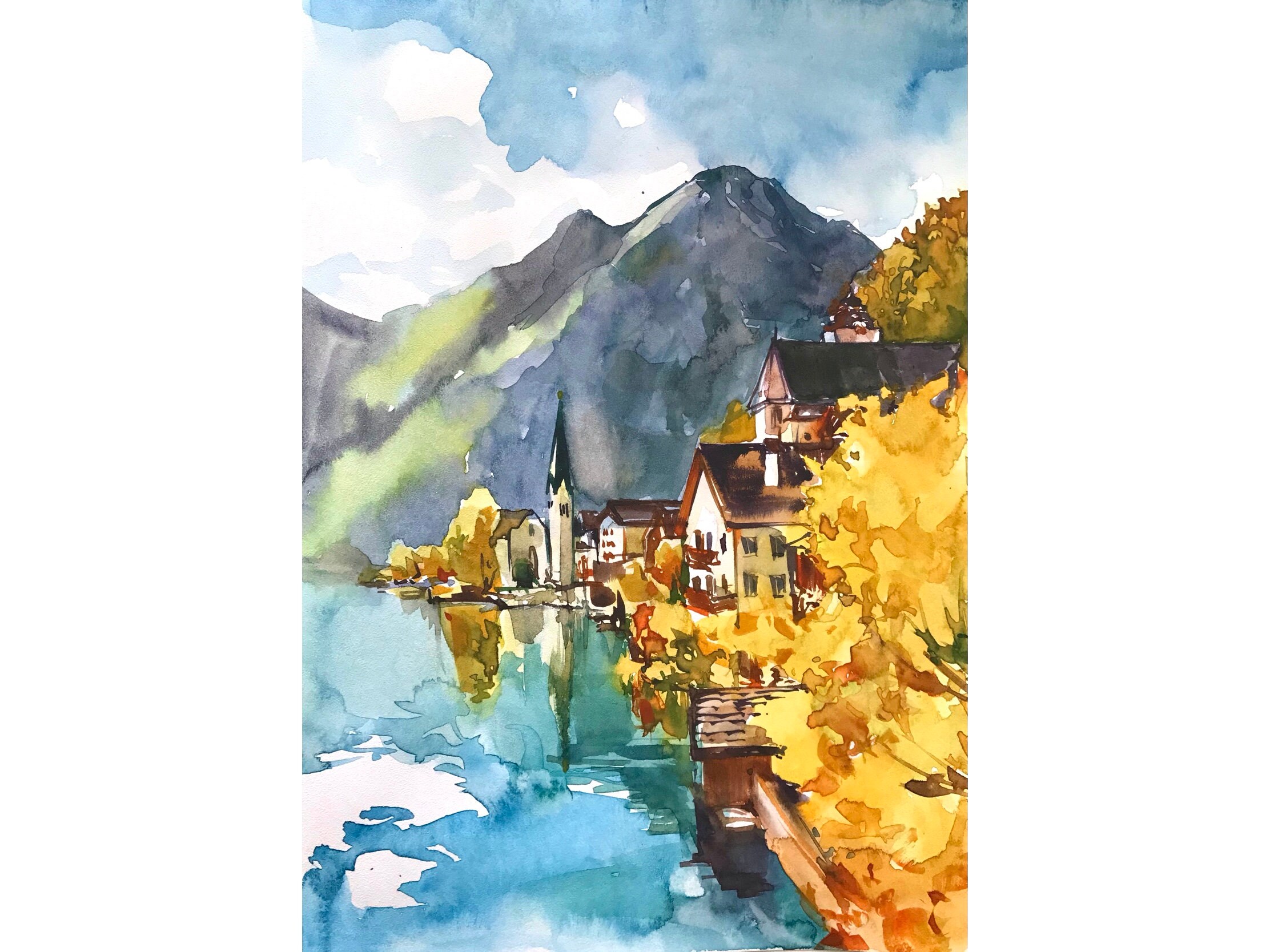 オーストリア ハルシュタット市 水彩画 SHO ハルシュタットの水彩画、オーストリアのオリジナル絵画