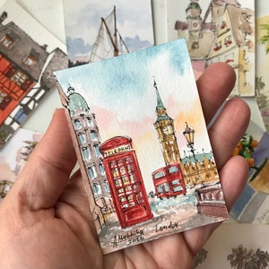Dipinto di Londra, acquerello, mini opera d'arte ACEO Originale Opera d'arte dipinta a mano da AnaMuStudio