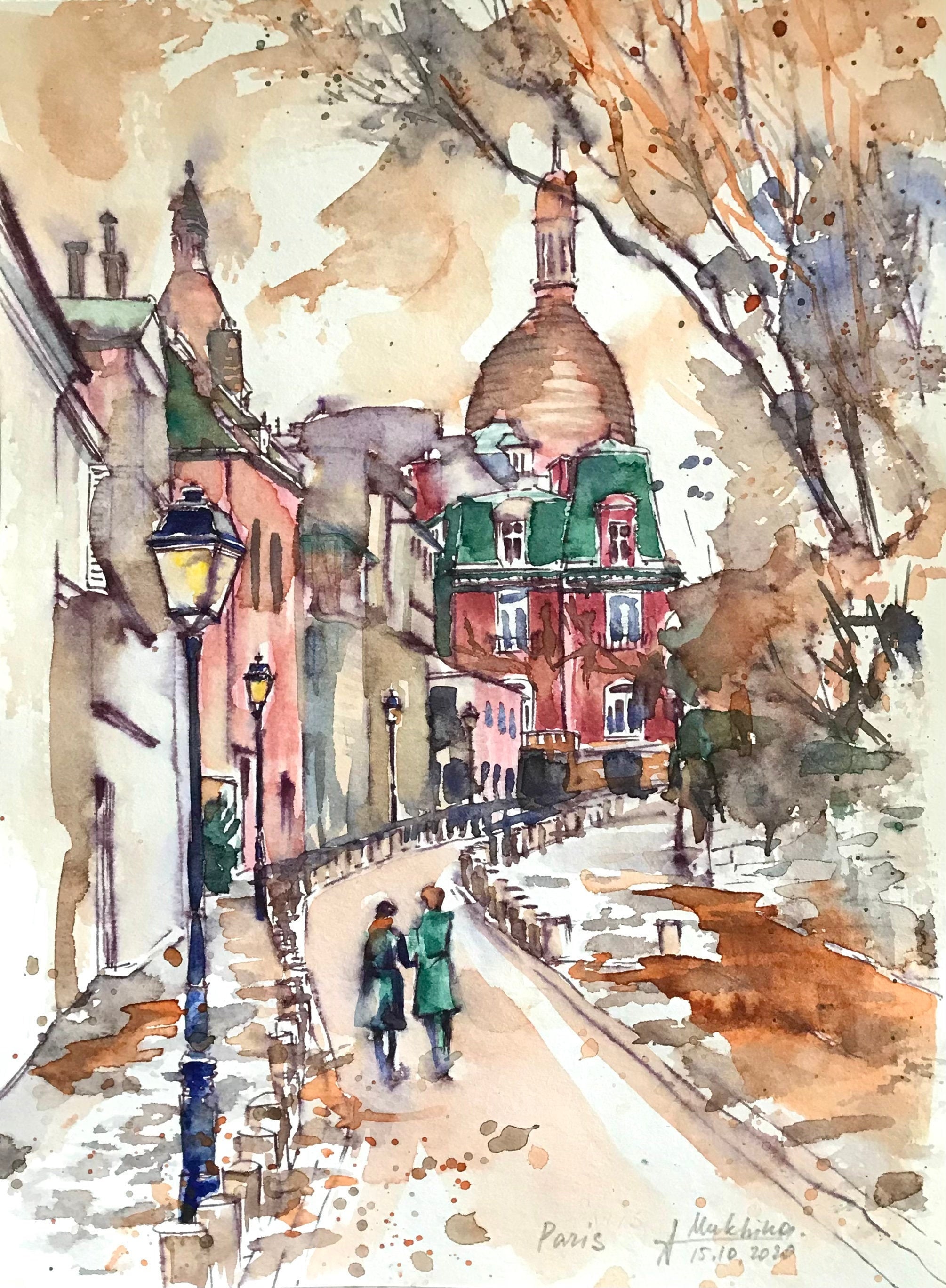 フランス パリ モンマルトル サクレ・クール寺院　原画 水彩画 風景画 パリの絵画 モンマルトル通り フランス 水彩画 美術 オリジナル