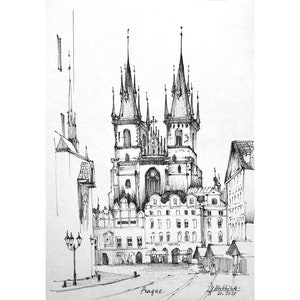 Prague art original Architecture sketch Czech painting black and white Ink pen drawing by AnaMuStudio