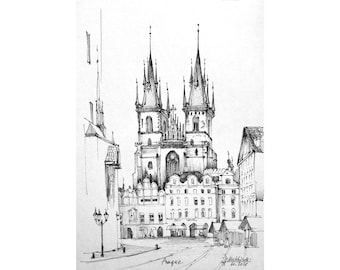 Prague art original Architecture sketch Czech painting black and white Ink pen drawing by AnaMuStudio