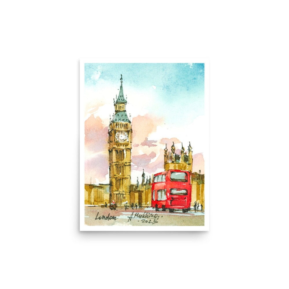 Poster di Londra, Inghilterra, arte murale della Gran Bretagna, stampa da acquerello originale di Anastasia Mukhina