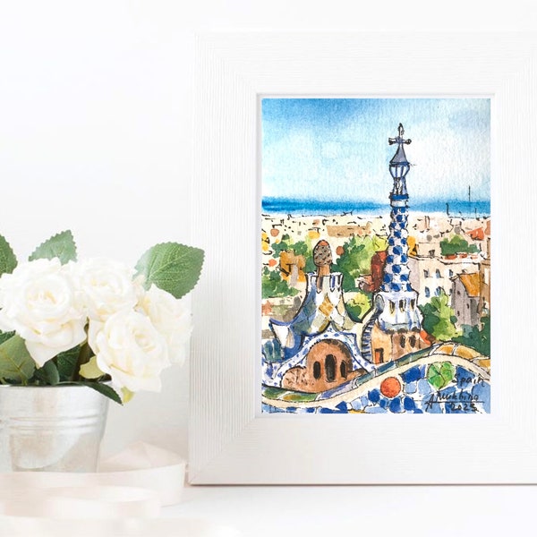 Barcelona ACEO Pintura Original Parque Güell España acuarela Obra de arte en miniatura acuarela de AnaMuStudio