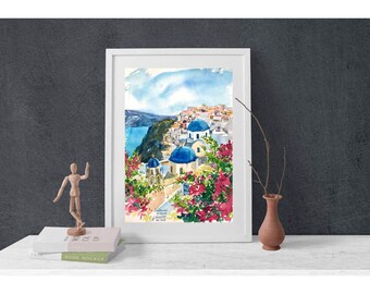 サントリーニ島 水彩画 ギリシャ オリジナル絵画 オーダーメイド 旅行