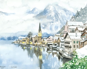 Hallstatt Austria Watercolor Print – Alpine Village Artwork by Anastasia Mukhina, AnaMuStudio