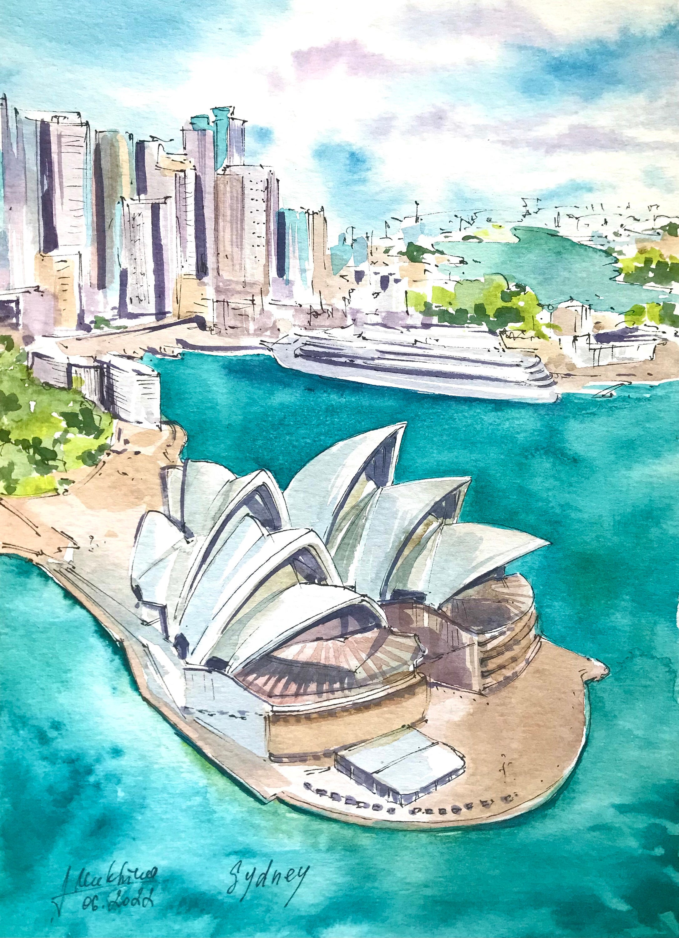 サイン付き　お洒落　水彩画 シドニーオペラハウスとタワー オーストラリアの絵画 シドニーのアート オリジナル水彩画
