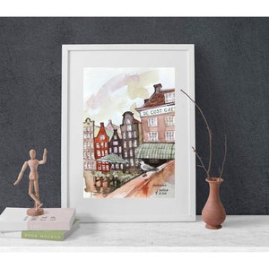 Amsterdam watercolor painting canal houses original wall art European city sketch by AnaMuStudio