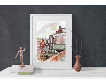 Amsterdam watercolor painting canal houses original wall art European city sketch by AnaMuStudio