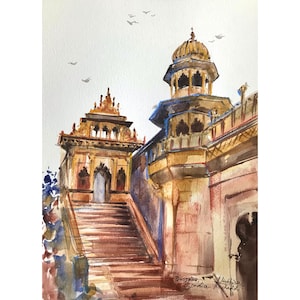 Indian Painting original watercolor Radha Rani temple Barsana Madhura Indian art by AnaMuStudio