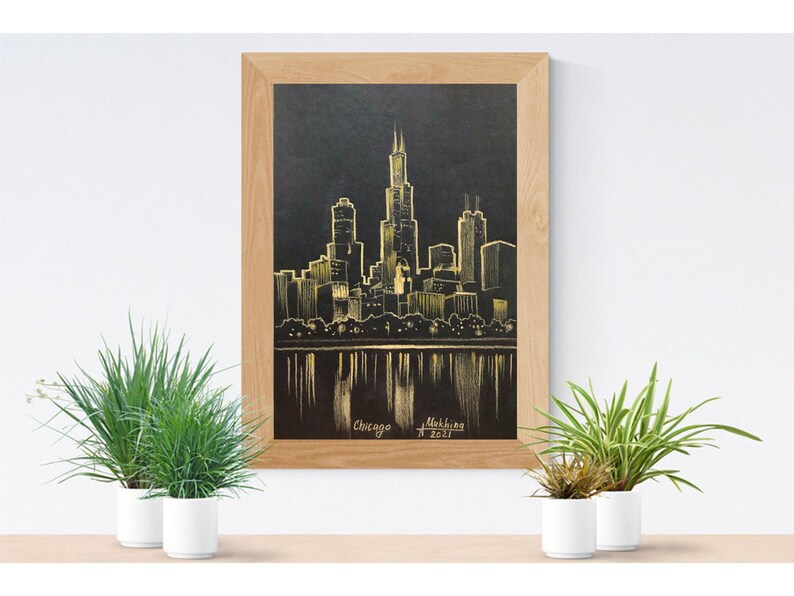 Chicago skyline Original painting A4 wall art Sketch gold and Etsy