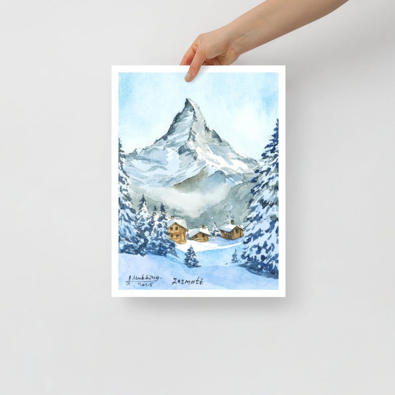 Swiss Watercolor Art Print Switzerland Zermatt Winter Poster by ...