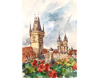 Prague art watercolor original painting Czech Europe city architecture urban sketch by AnaMuStudio