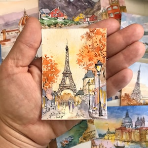 Paris watercolor art ACEO original Painting France Eiffel Tower Miniature artwork by AnaMuStudio