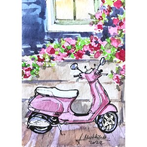 Retro Bike Vespa ACEO Painting Acquerello originale Opera in miniatura di AnaMuStudio