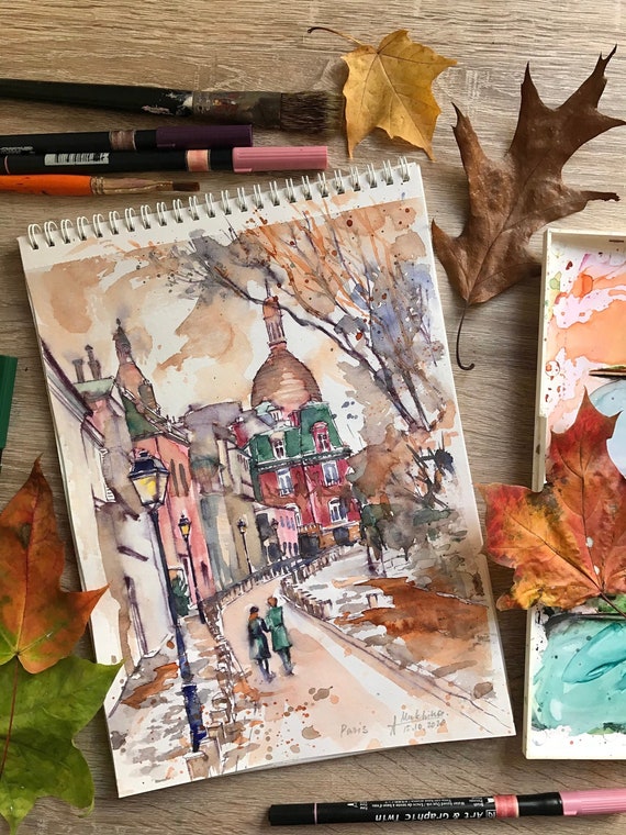 モンマルトル パリ 水彩画：サクレ・クール寺院 秋の街並み - Etsy 日本