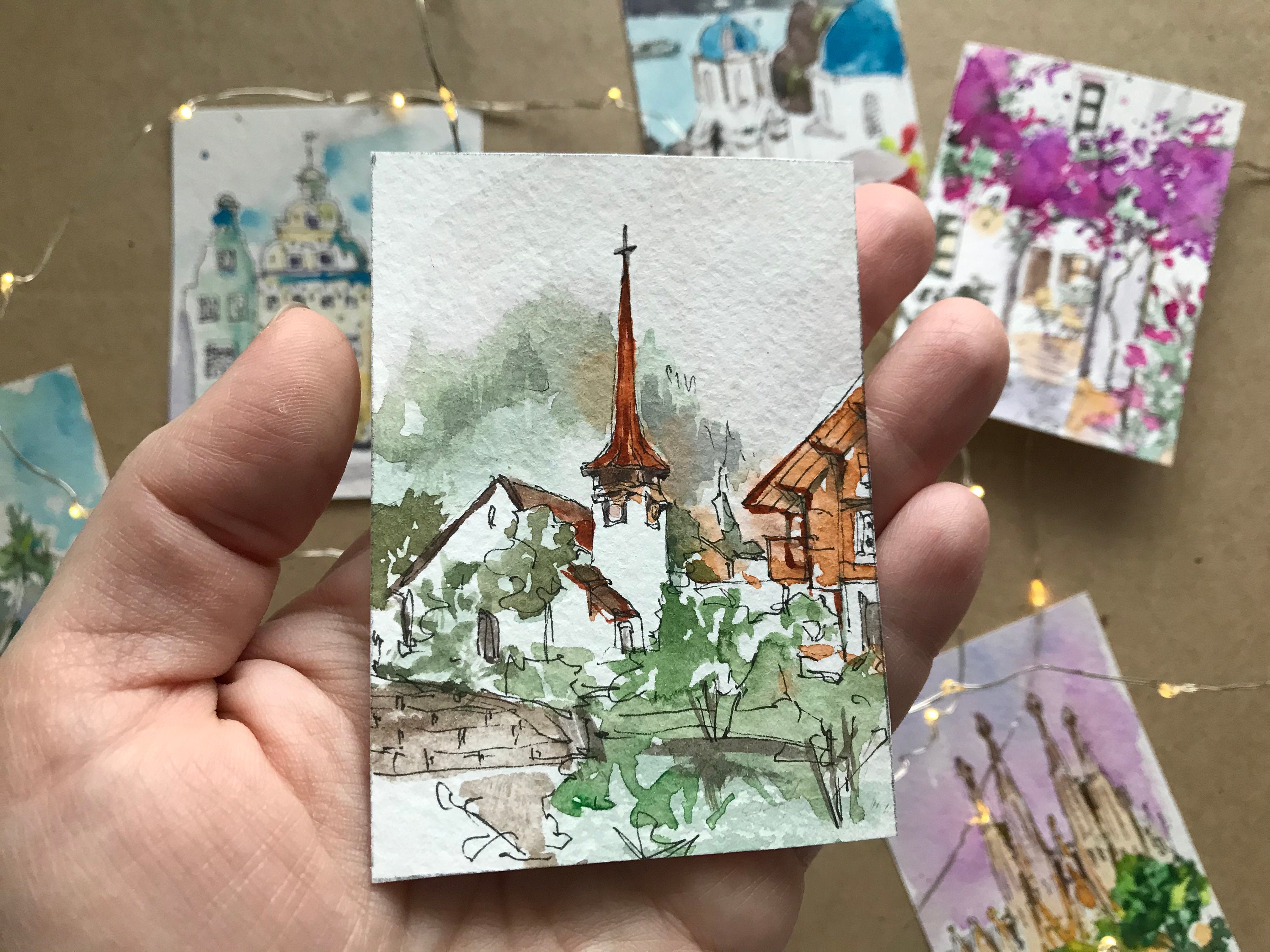 チューリッヒ教会の水彩画：スイス建築 ACEOアート - Etsy 日本