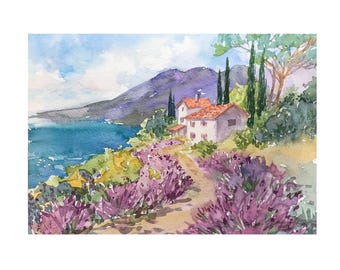 Tuscany Italy Lavender Watercolor art Original painting Sunny Provence wall art by AnaMuStudio