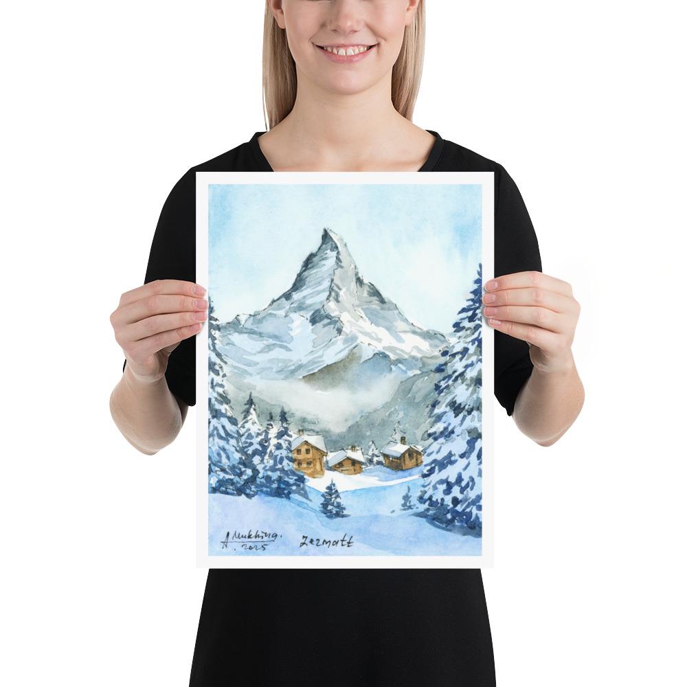 Swiss Watercolor Art Print Switzerland Zermatt Winter Poster by ...