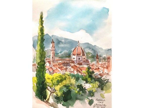 フィレンツェの絵画：オリジナル水彩画、イタリアの都市景観 - Etsy 日本