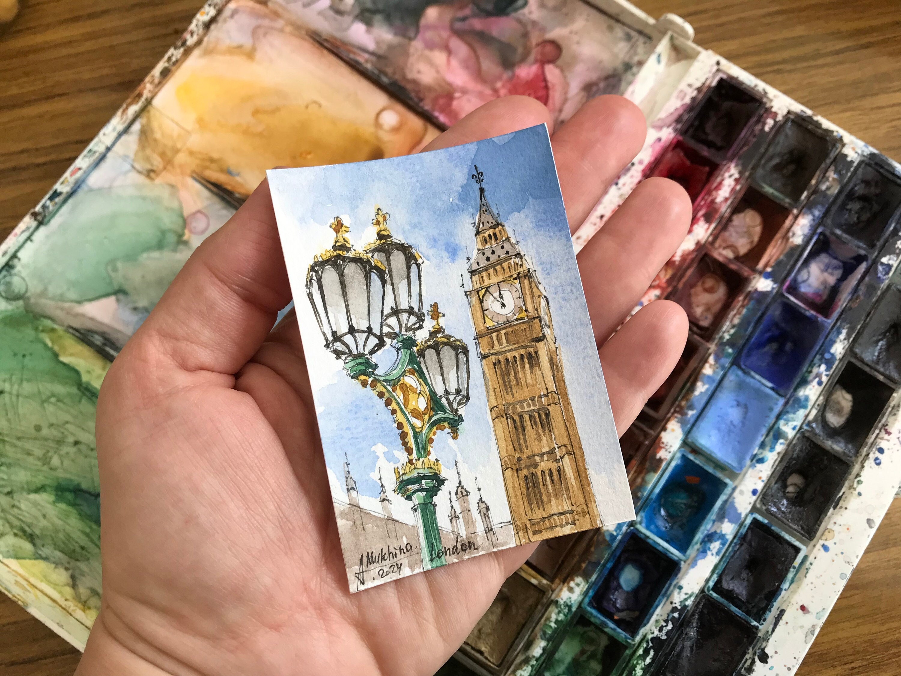 ロンドンの絵画 ACEO オリジナル水彩画 ビッグベン イングランド