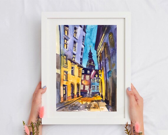 リガの夜の街の水彩画、ラトビアの都市スケッチ - Etsy 日本