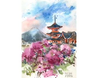 京都の水彩画 日本画 寺院 オリジナル水彩画アート - Etsy 日本