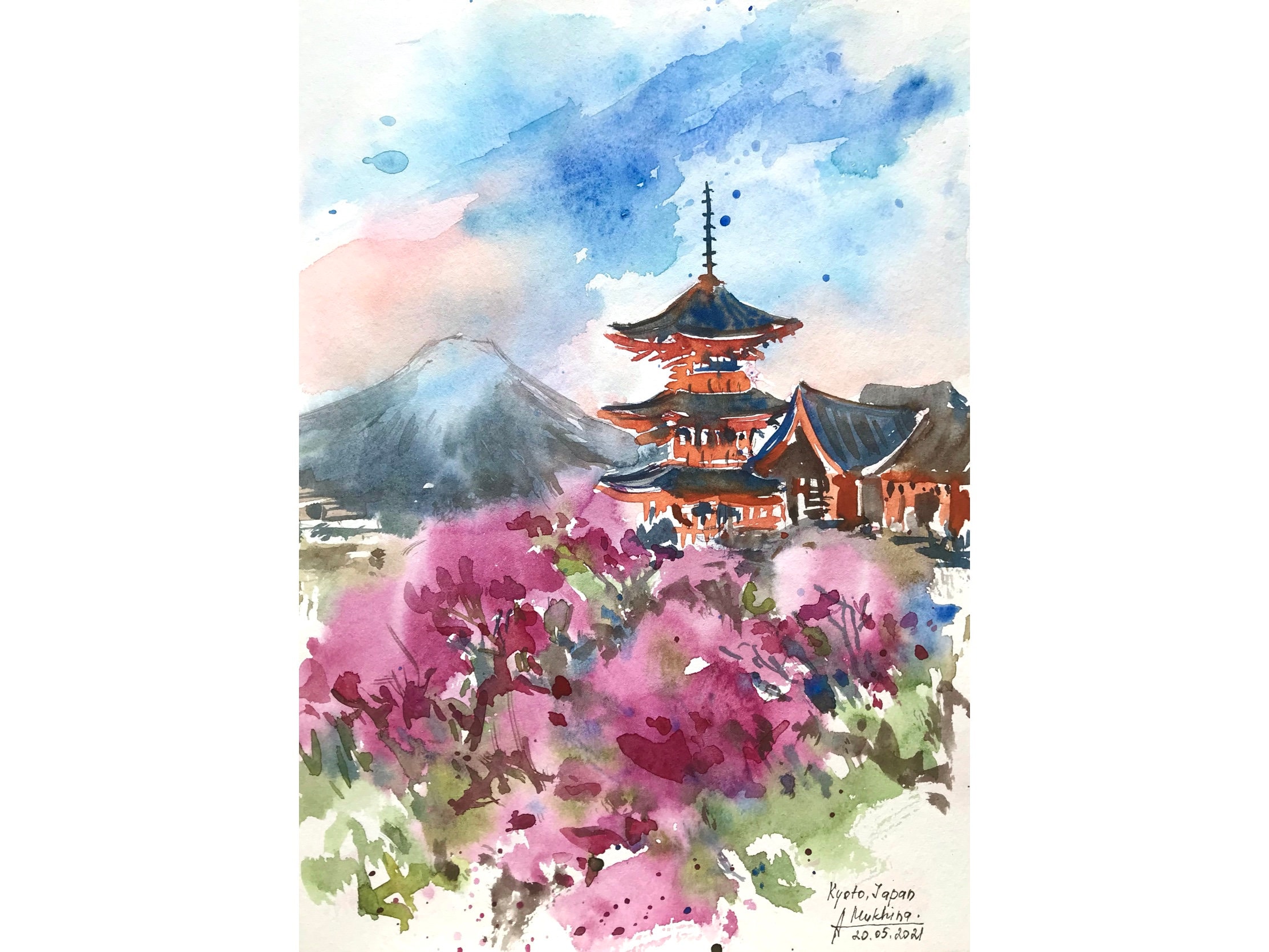 水彩画 (比木神社) 額装済み Kyoto Watercolor Japanese Painting Temple Original