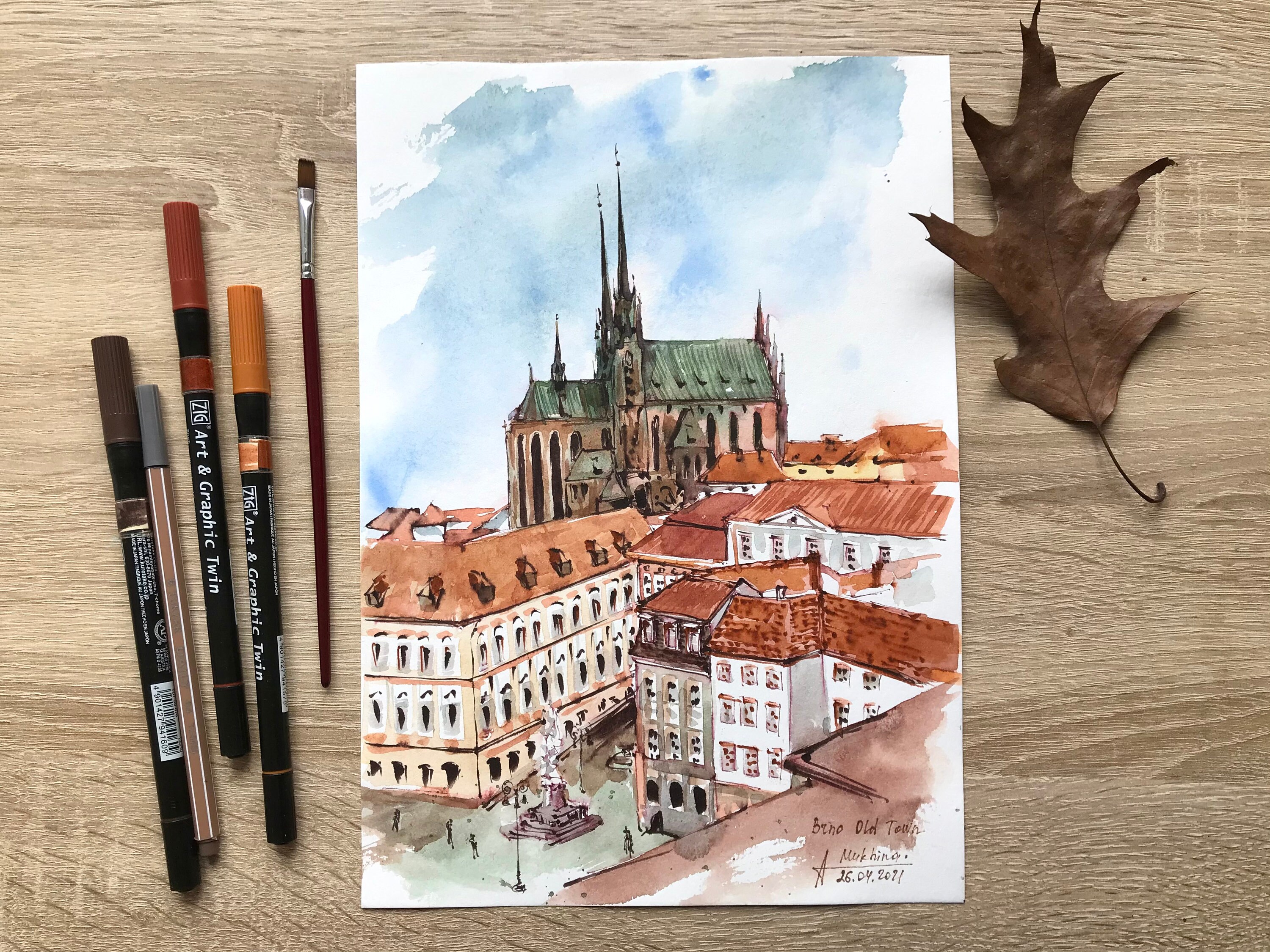 Brno art Czech painting ORIGINAL European City architecture Urban sketch wall art by AnaMuStudio