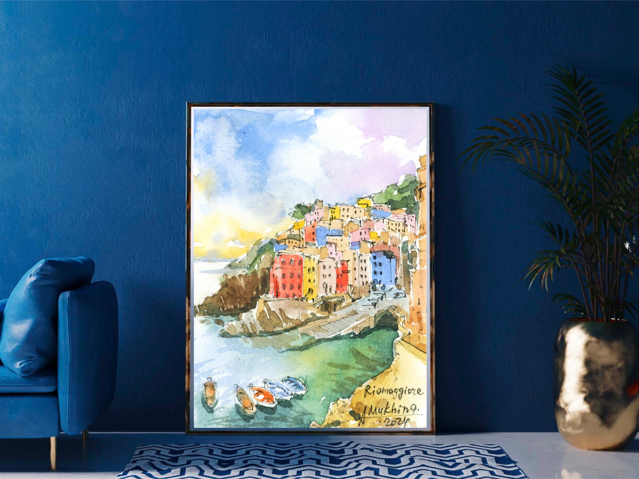リオマッジョーレのポスター、チンクエテッレ、イタリアの水彩画