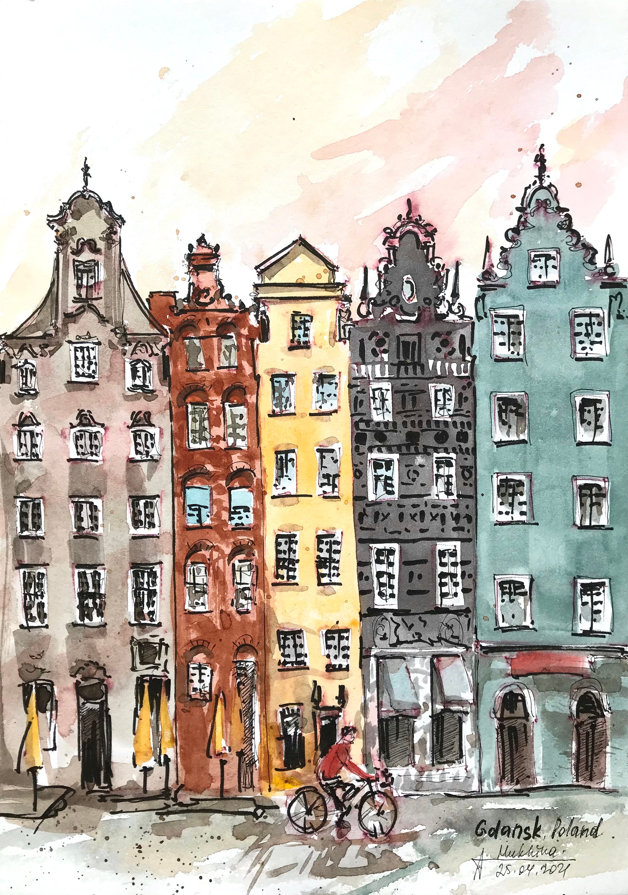 グダニスク ポーランド 水彩画 オリジナル ヨーロッパの家 旧市街 壁画