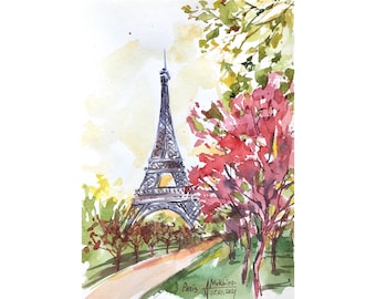 Eiffelturm Aquarell Malerei: Paris Frühling Fine Art