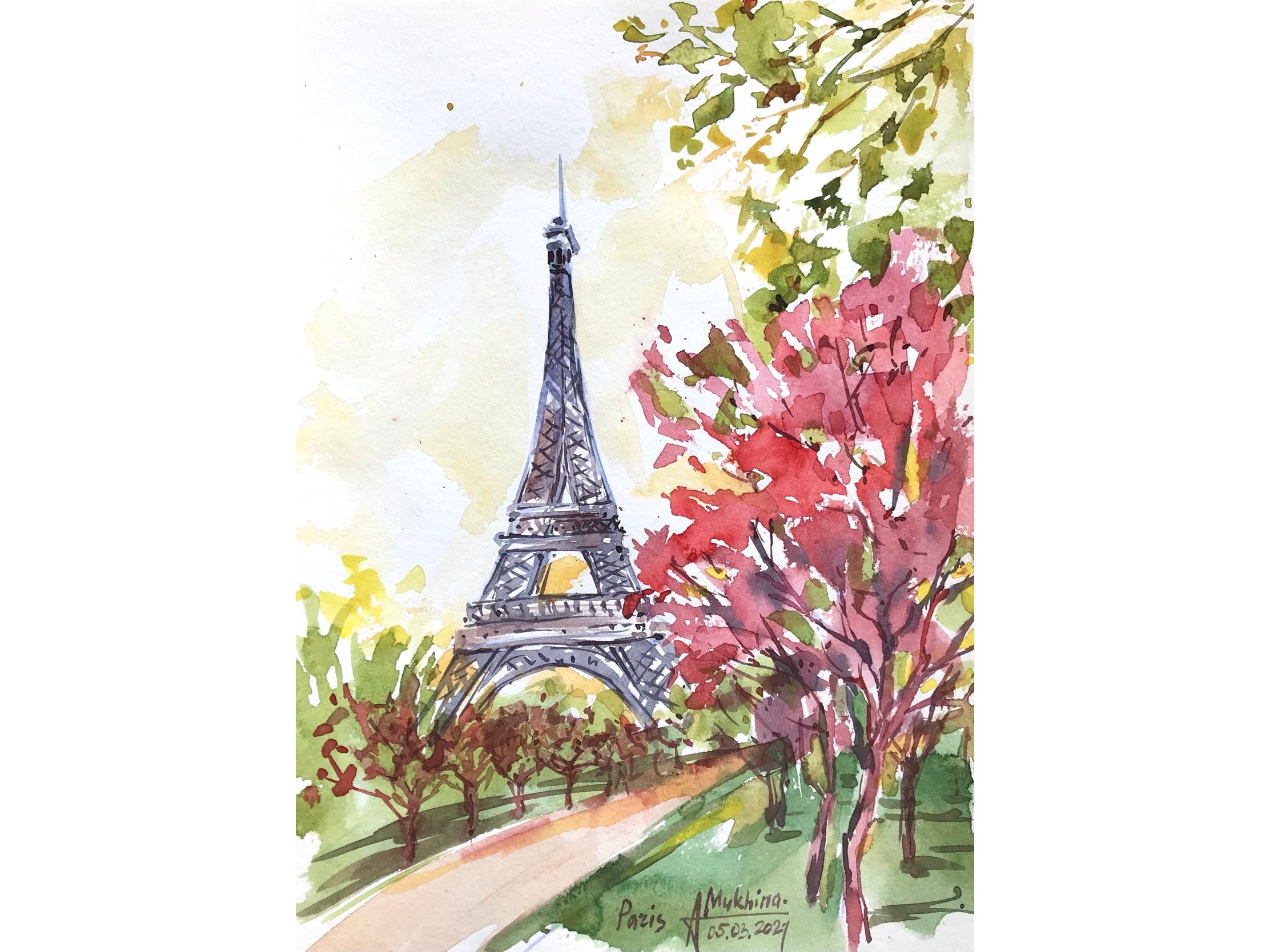 エッフェル塔の水彩画：パリの春の美術 - Etsy 日本