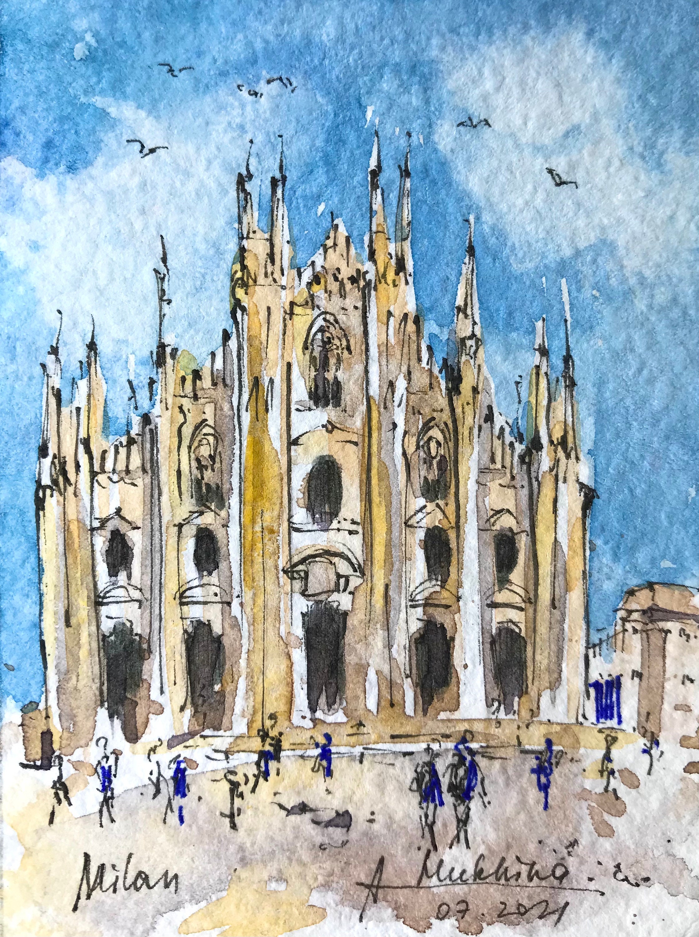 ミラノ水彩画ACEO – ミラノ大聖堂オリジナルミニチュア絵画、イタリア