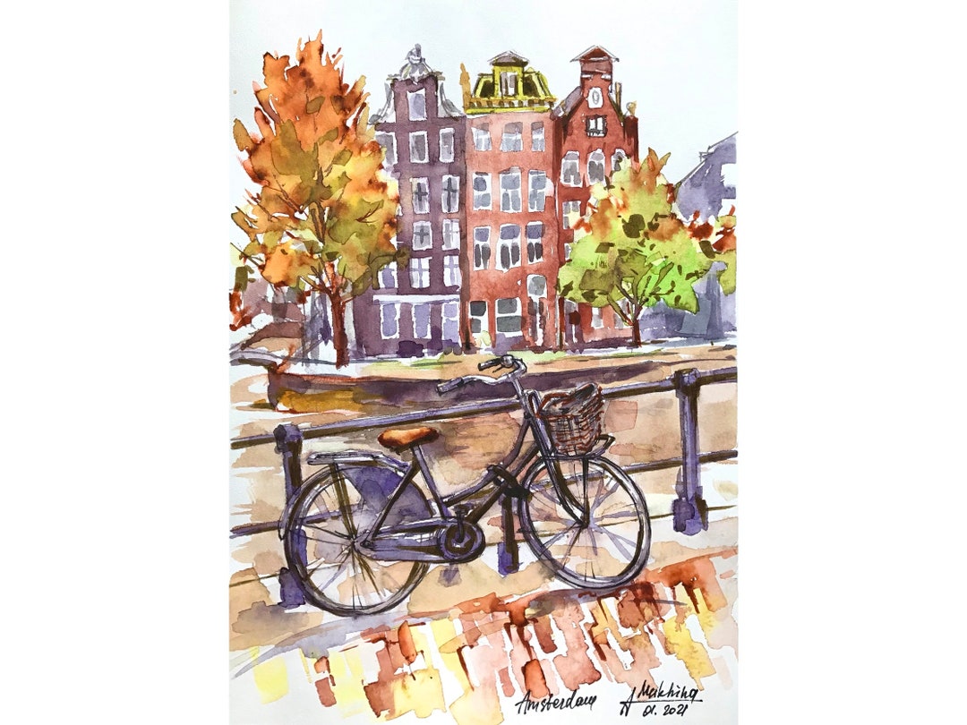 アムステルダムの絵画 オリジナル水彩画 自転車アート ヨーロッパの