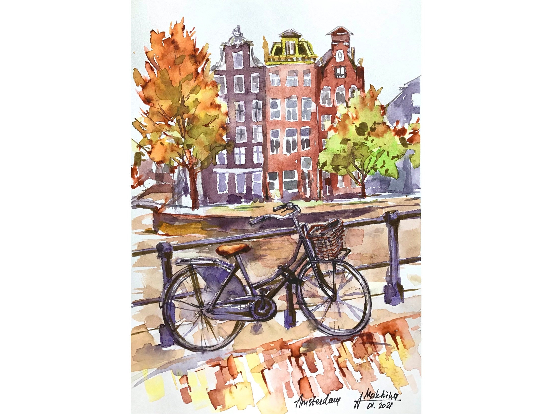 アムステルダムの絵画 オリジナル水彩画 自転車アート ヨーロッパの