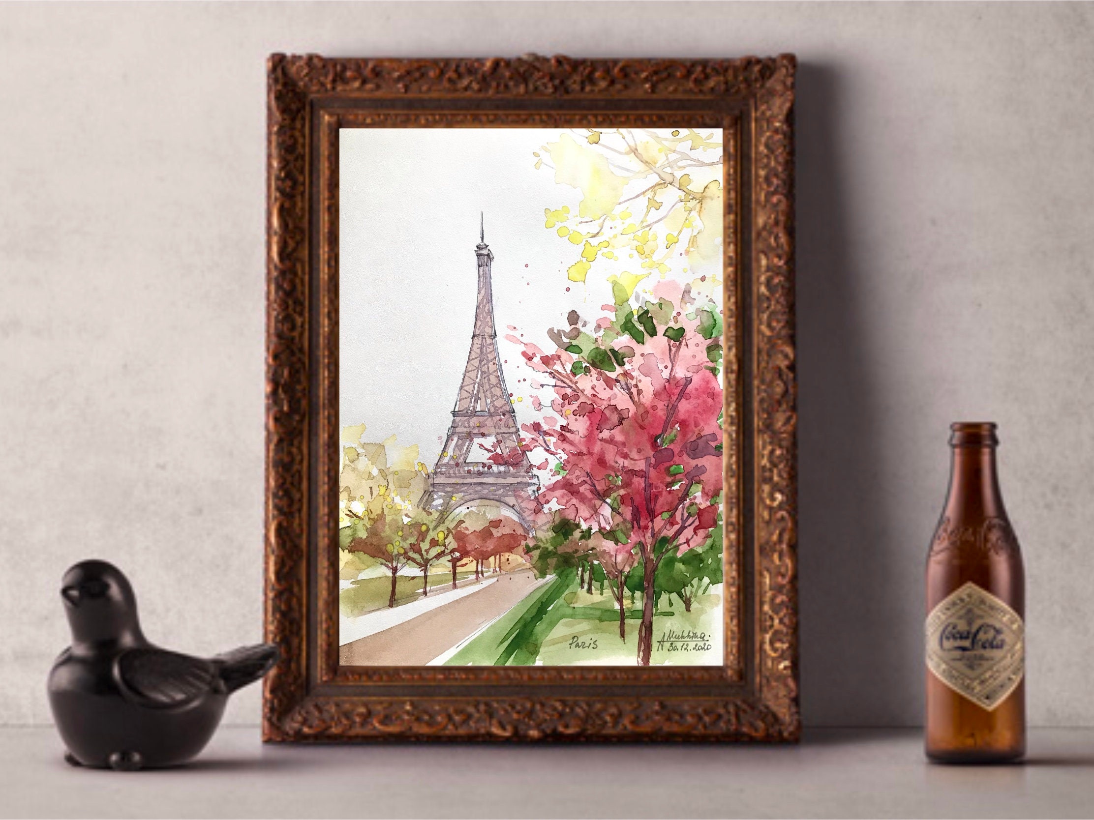 エッフェル塔の水彩画：パリの春の美術 - Etsy 日本