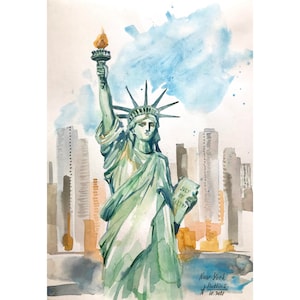 Statua della Libertà, arte murale, New York City, acquerello originale, belle arti americane di AnaMuStudio