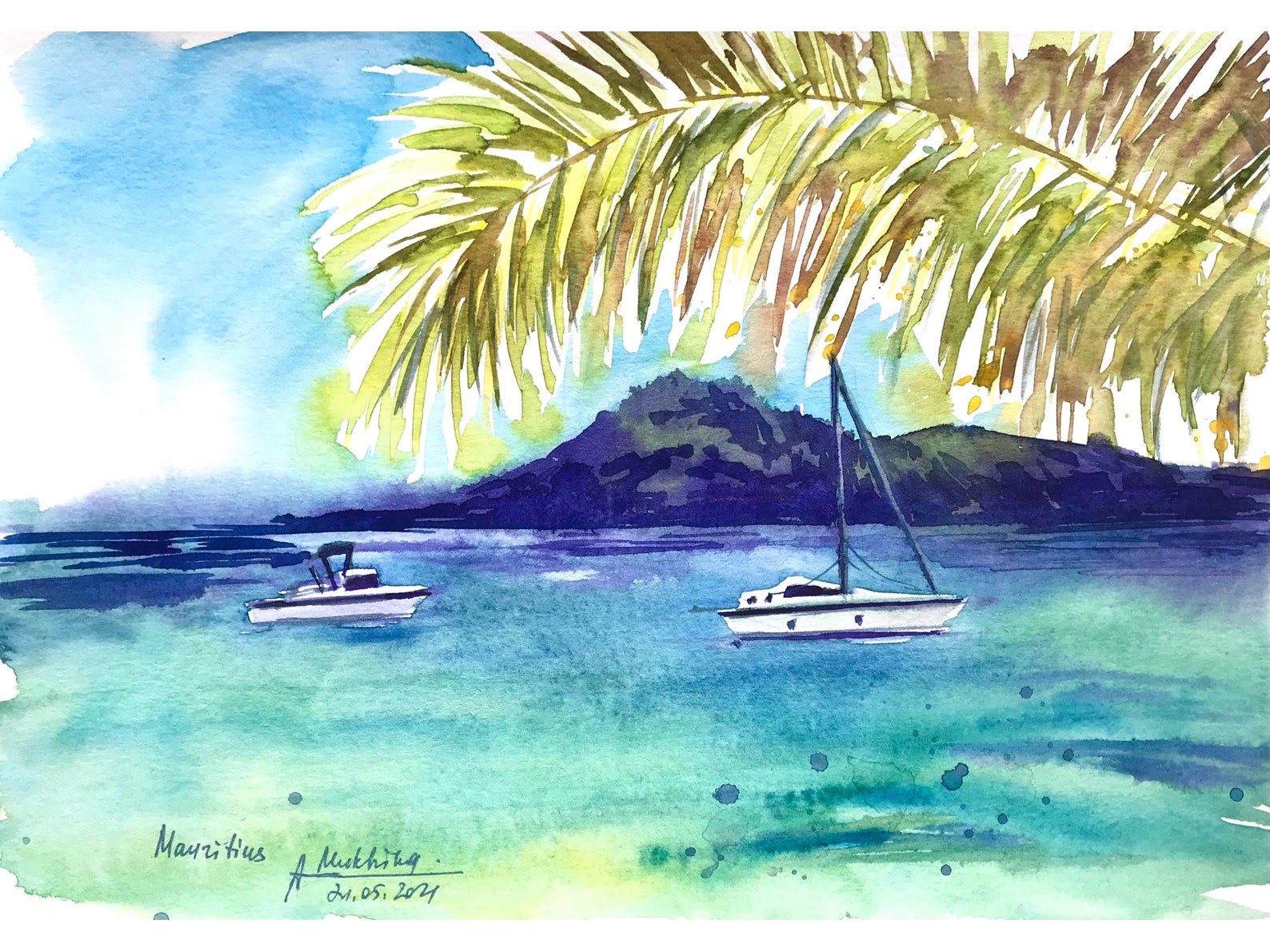 Mauritius Art Watercolor Original Painting Maurice Palm Tree Etsy