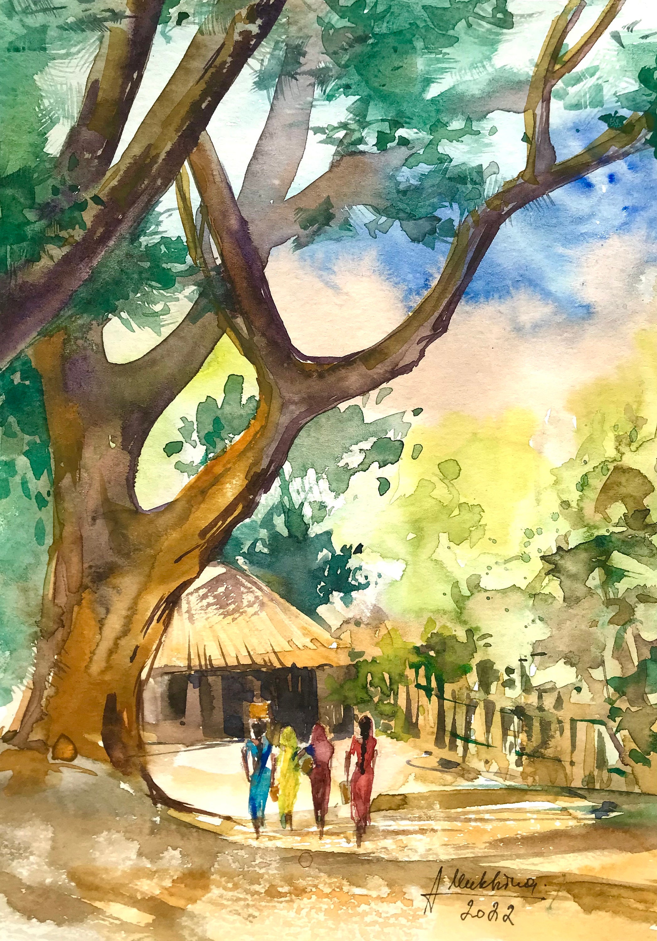 Indian Village Watercolor Landscape Paintings