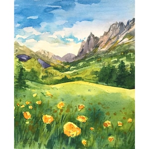 Sunny Meadow painting Original watercolor mountains and wildflowers wall art by AnaMuStudio