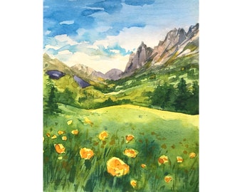 Sunny Meadow painting Original watercolor mountains and wildflowers wall art by AnaMuStudio