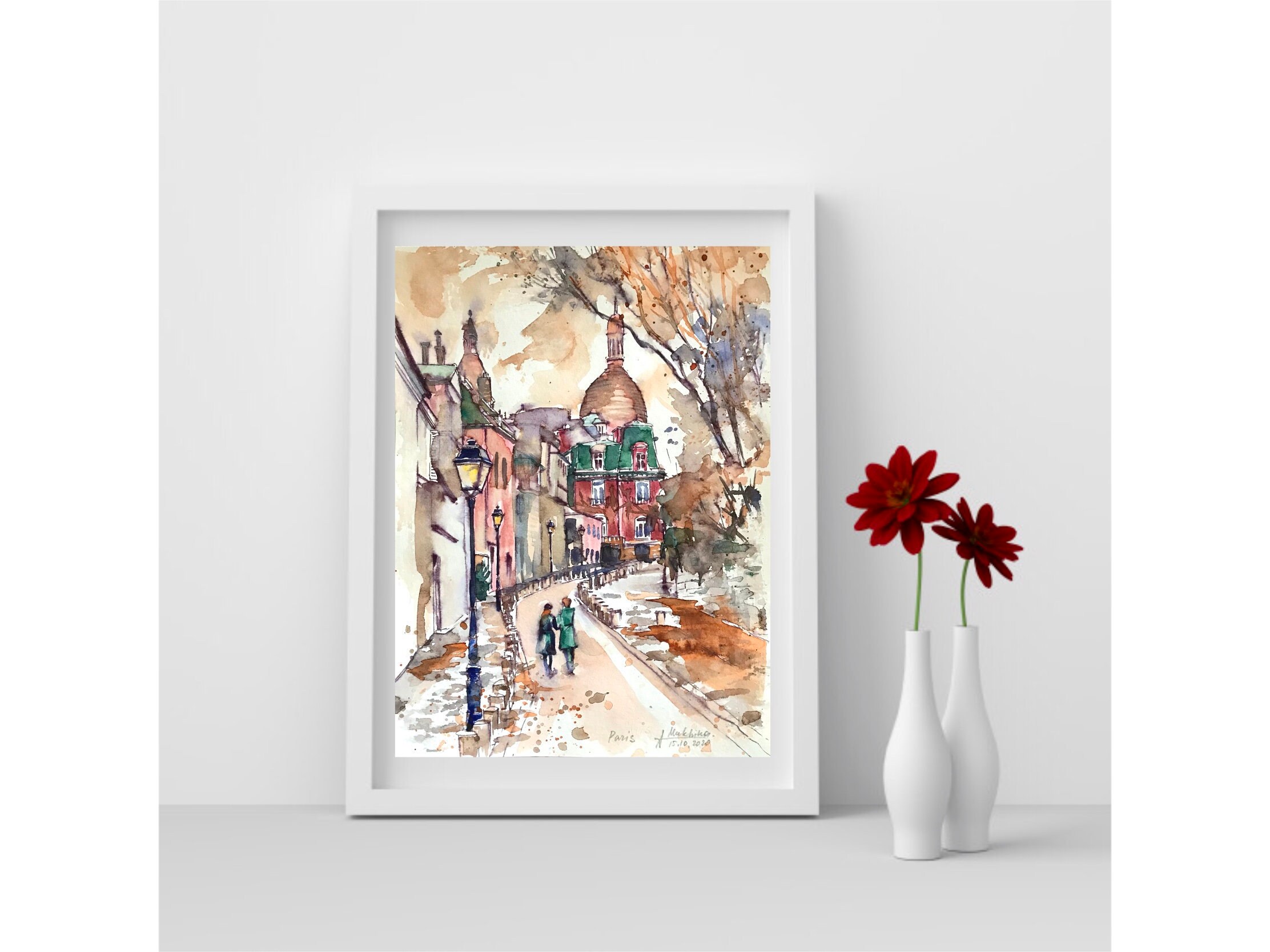 水彩画 モンマルトン モンマルトル パリ 水彩画：サクレ・クール寺院 秋の街並み - Etsy 日本