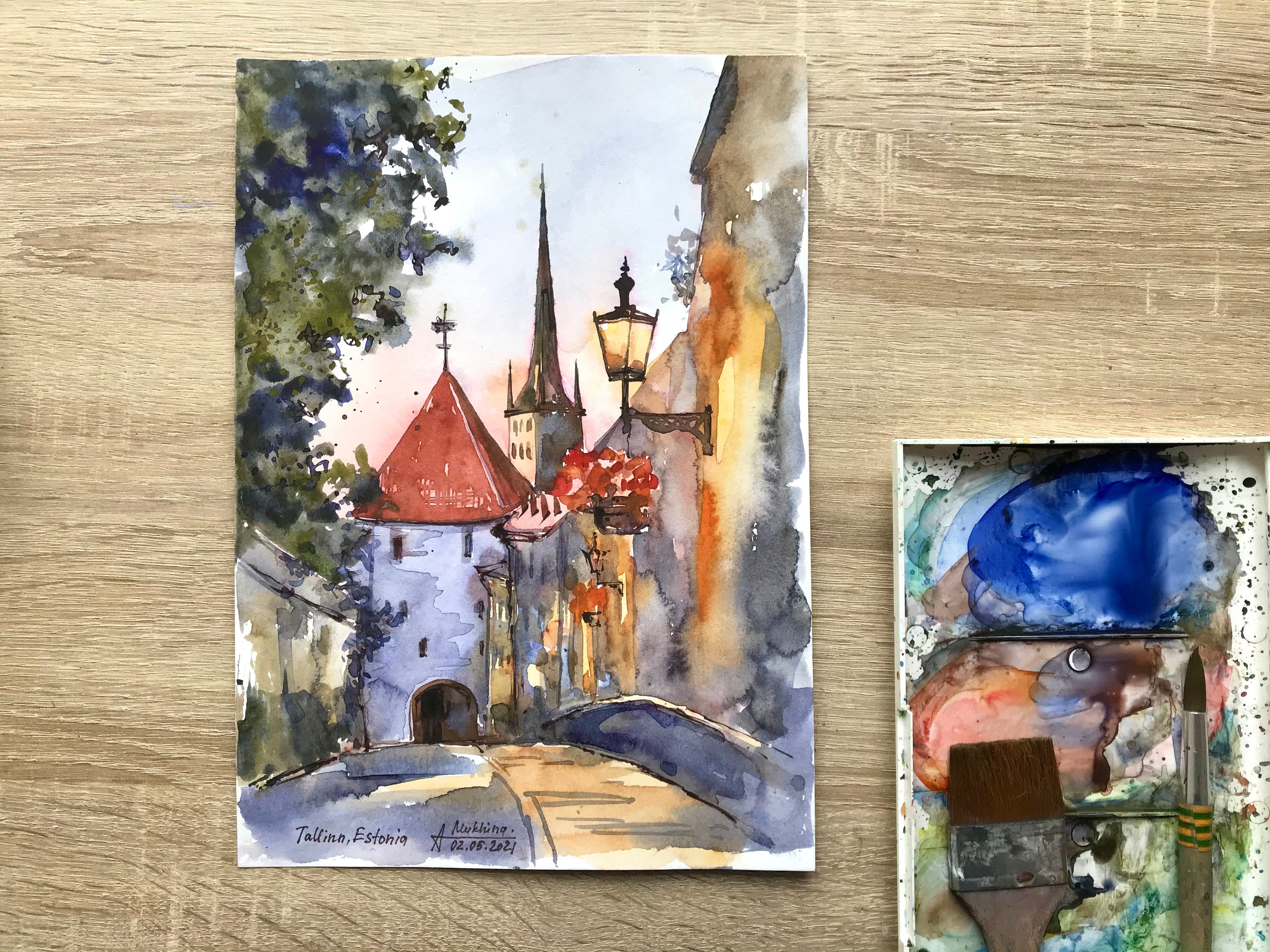 タリンの絵画 ヨーロッパの都市 オリジナル水彩画 エストニアの壁画