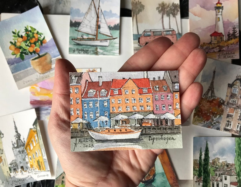 Denmark painting Copenhagen art Mini watercolor ACEO Original painting Miniature artwork by AnaMuStudio image 1